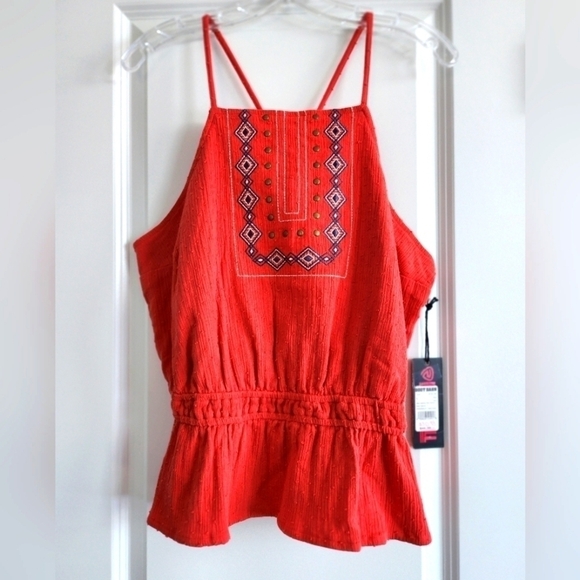 Rock & Roll Denim Tops - Red Embroidered Peplum Camisole